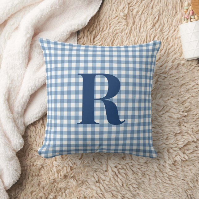 Modernt monogram med blå gingham  kudde (Filt)