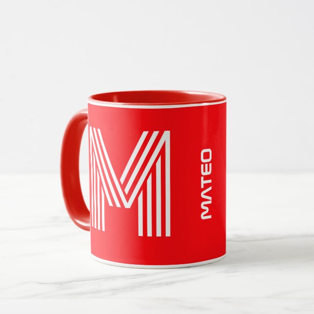 Modernt Monogram & Namn | Unik röd keramisk kaffek Mugg (Framsida vänster)