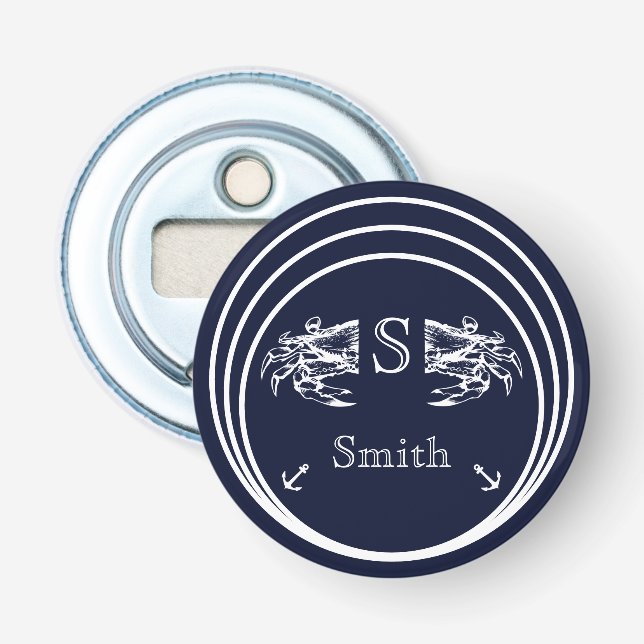 Modernt monogram nautiskt marinblått vitt krabba flasköppnare (Framsidan)