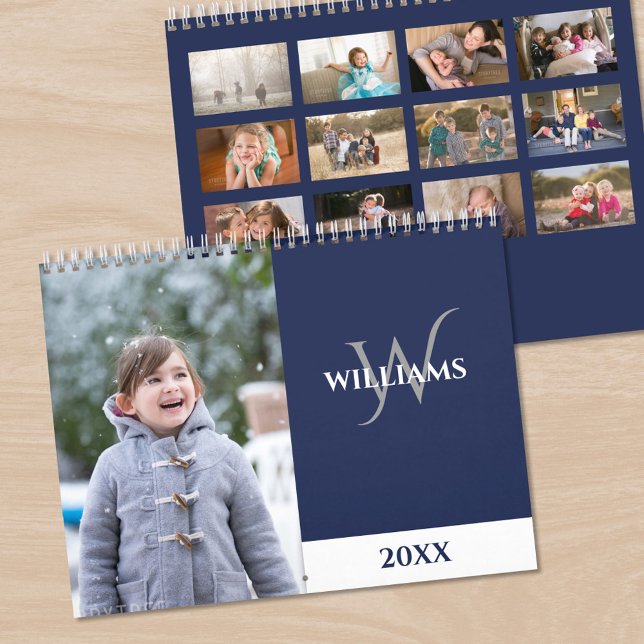Modernt monogram navyblått foto kalender (Modern Monogram Navy Blue Photo Calendar, front/back)