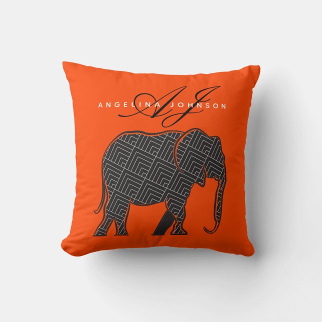 Modernt monogram orange och svart kudde (Framsida)