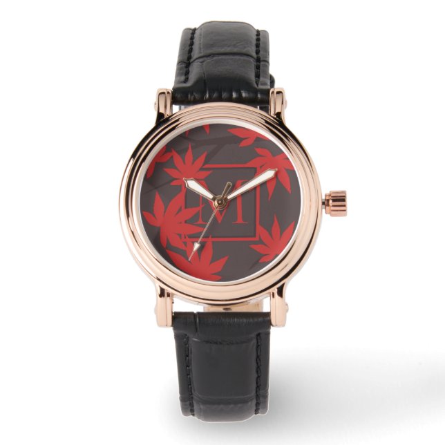 Modernt monogram röd lönnlöv grå armbandsur (Framsida)