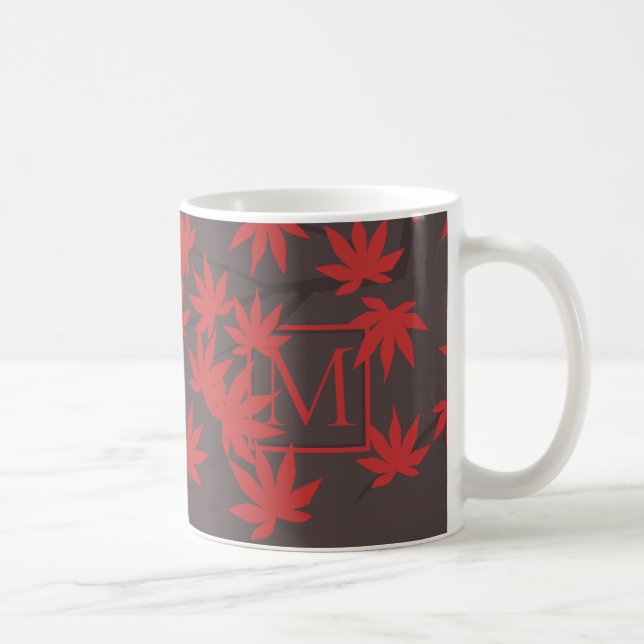 Modernt monogram röd lönnlöv grå kaffemugg (Höger)