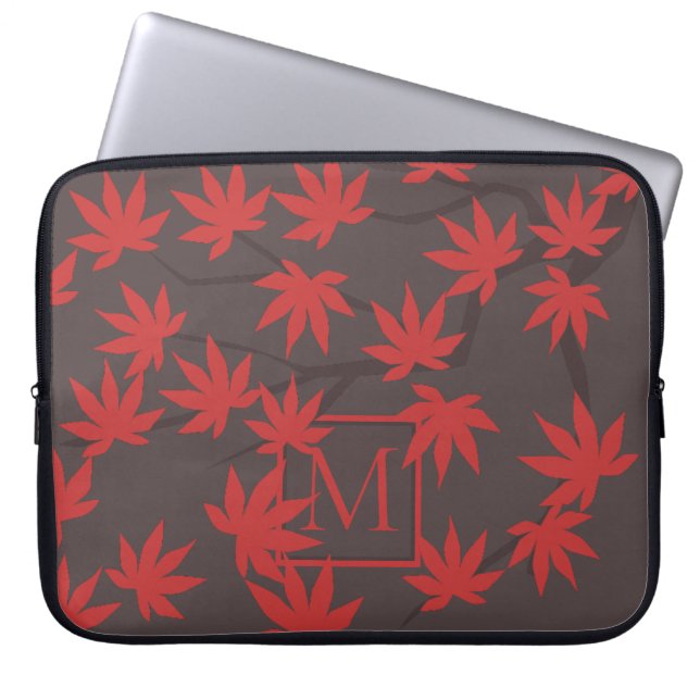 Modernt monogram röd lönnlöv grå laptop fodral (Framsidan)