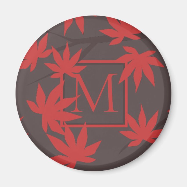 Modernt monogram Röd Lönnlöv Grå Magnet (Framsidan)