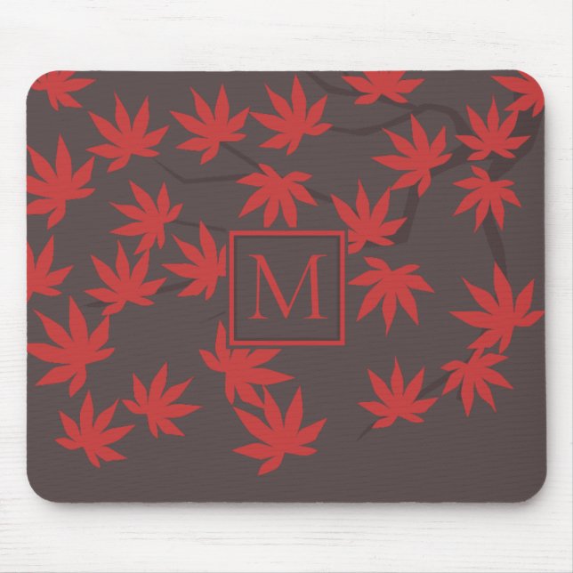 Modernt monogram röd lönnlöv grå musmatta (Framsidan)