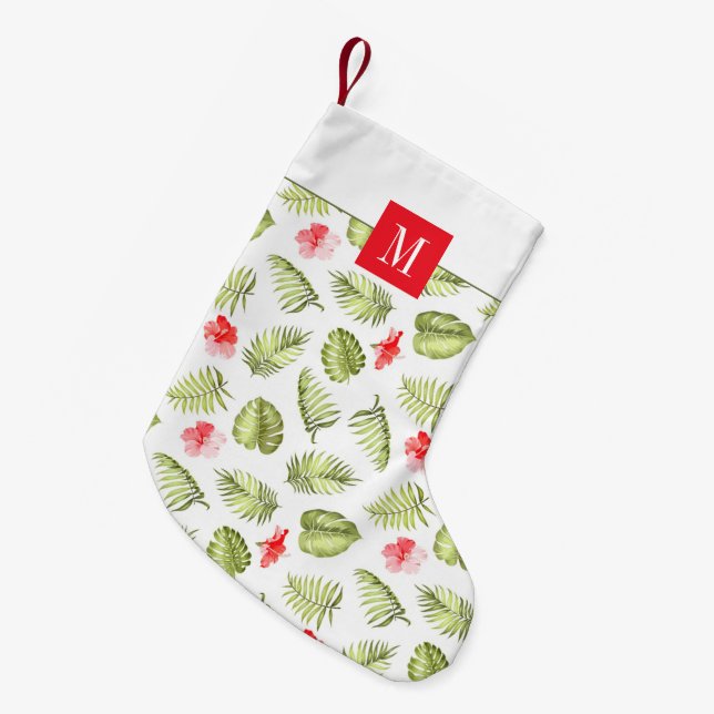 Modernt monogram röda gröna botaniska palmblad liten julstrumpa (Framsidan (Hängande))