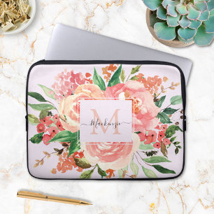 Modernt Monogram Rosa Blommig Bukett Laptop Fodral