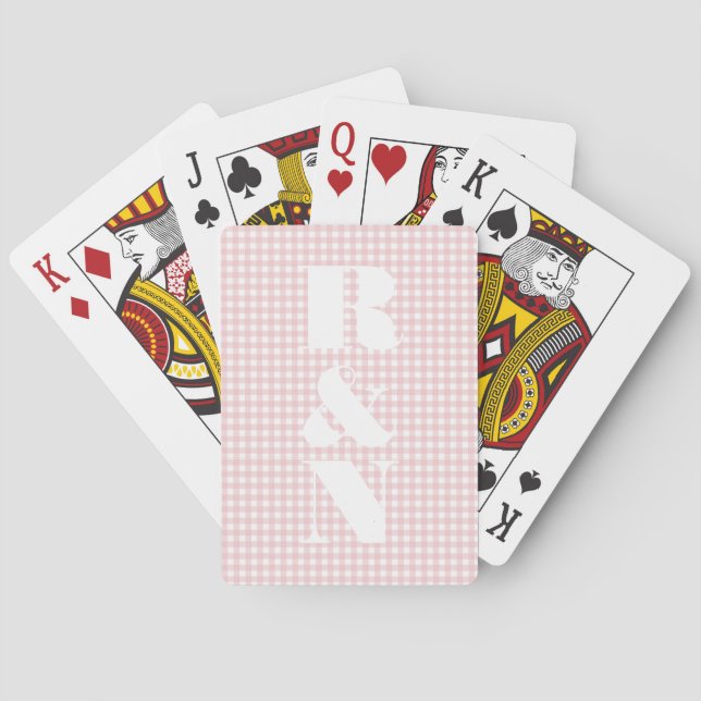 Modernt monogram rosa gingham anpassat bröllopsfav casinokort (Baksidan)