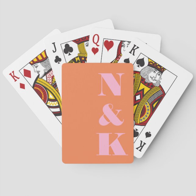Modernt monogram rosa orange anpassad bröllopspres casinokort (Baksidan)