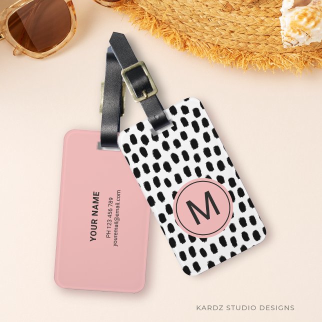 Modernt monogram rosa resväskemärke bagagebricka (Customize this luggage tags with name, initial and contact info order online, no minimum required)