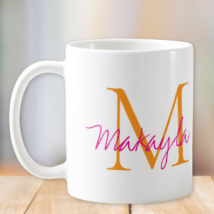 Modernt monogram rosa skrivstil namn kaffemugg