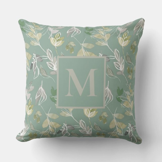 Modernt monogram Salvia gröna Silverblad Lövverk  Kudde (Framsida)