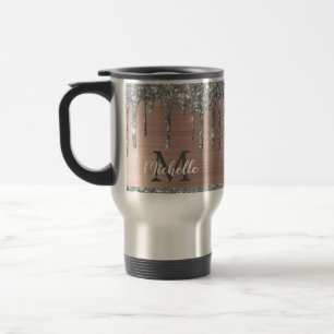 Modernt monogram silverglitter som droppas på rosa resemugg