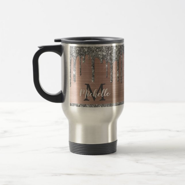 Modernt monogram silverglitter som droppas på rosa resemugg (Vänster)