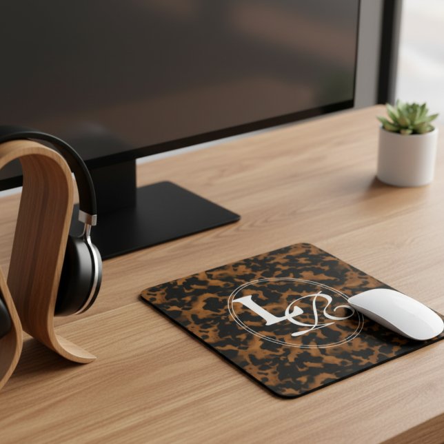 Modernt monogram sköldpaddsskaltryck musmatta (Add a touch of chic charm to your desk with this Elegant Typography Monogram Tortoise Shell Design!)