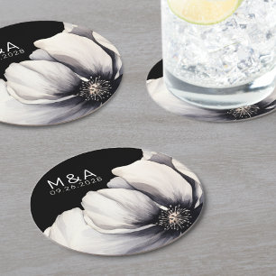 Modernt Monogram Svart Blommig Bröllop Underlägg Papper Rund