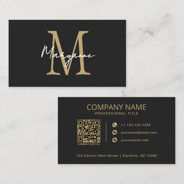 Modernt monogram svart guld visitkort (Fram/baksida)