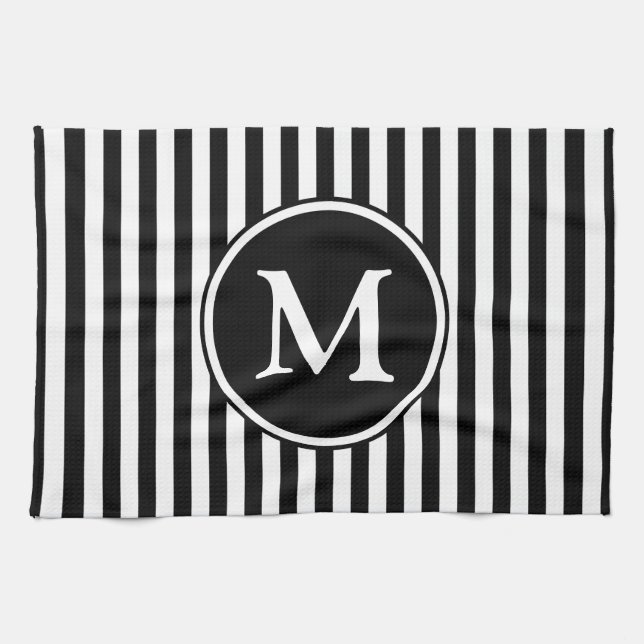 Modernt Monogram Svarta Och Vita Ränder Kökshandduk (Horisontell)