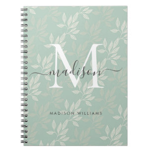 Modernt monogram teal botaniska blad Girly skrift Anteckningsbok