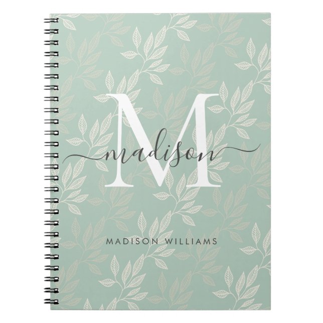 Modernt monogram teal botaniska blad Girly skrift Anteckningsbok (Framsidan)