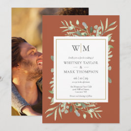 Modernt monogram terrakotta grönska foto bröllop inbjudningar