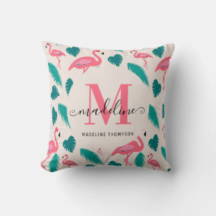 Modernt monogram Tropiska blad Het rosa flamingo Kudde