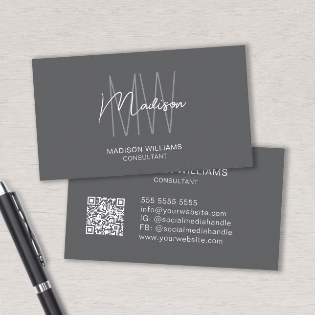 Modernt monogramlogotyp QR-kod Grå konsult Visitkort (Modern Monogram Logo QR Code Gray Consultant Business Card)