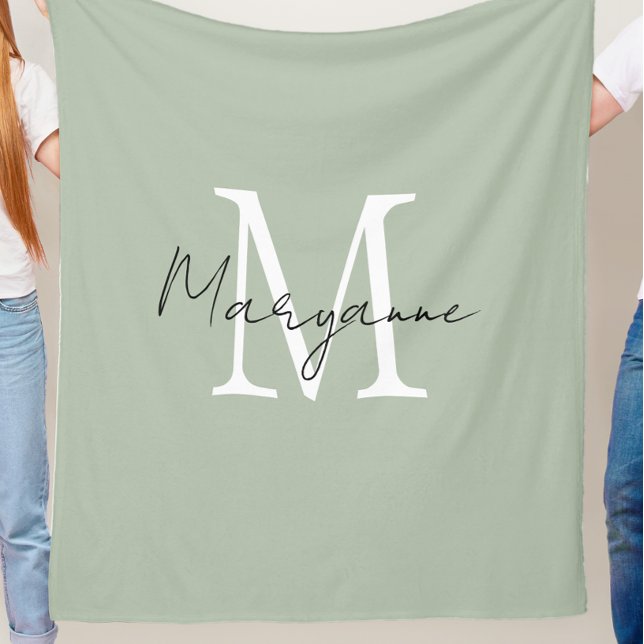 Modernt Monogramnamn Sagegrön Fleecefilt (Skapare uppladdad)