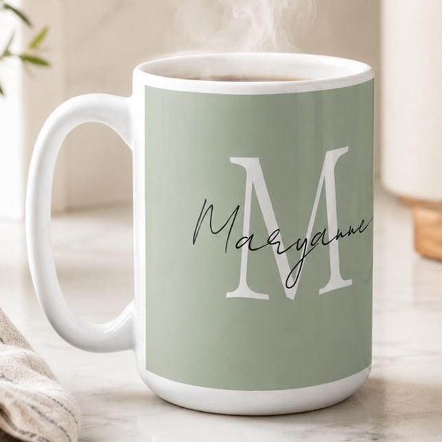 Modernt Monogramnamn Sålgrönt Kaffemugg (Skapare uppladdad)