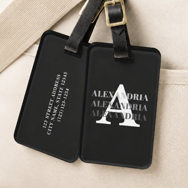 Modernt Monogramnamn Svart Grått Bagagebricka (Skapare uppladdad)