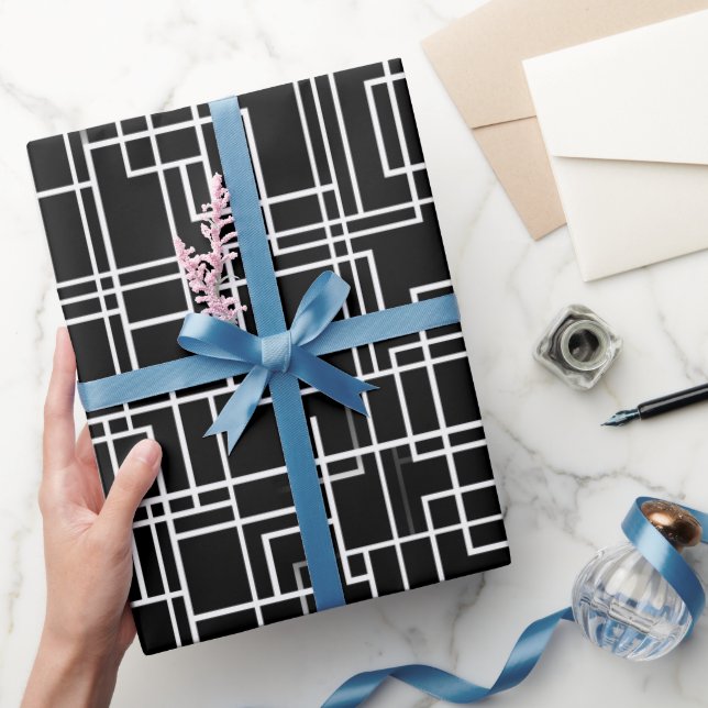 Modernt Monokromt Rutnät Svart Abstrakt Mönster Presentpapper (Gifting)