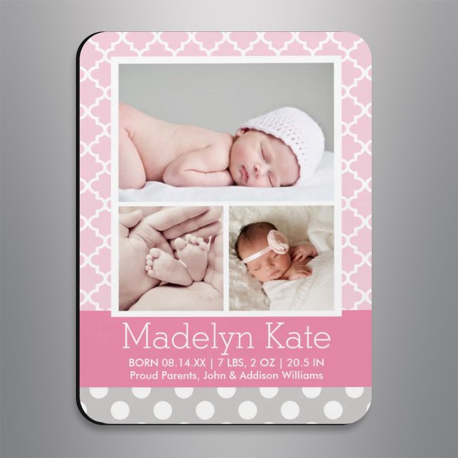 Modernt mönster Babyflicka Rosa Grå Foto Födelse Magnet (Skapare uppladdad)