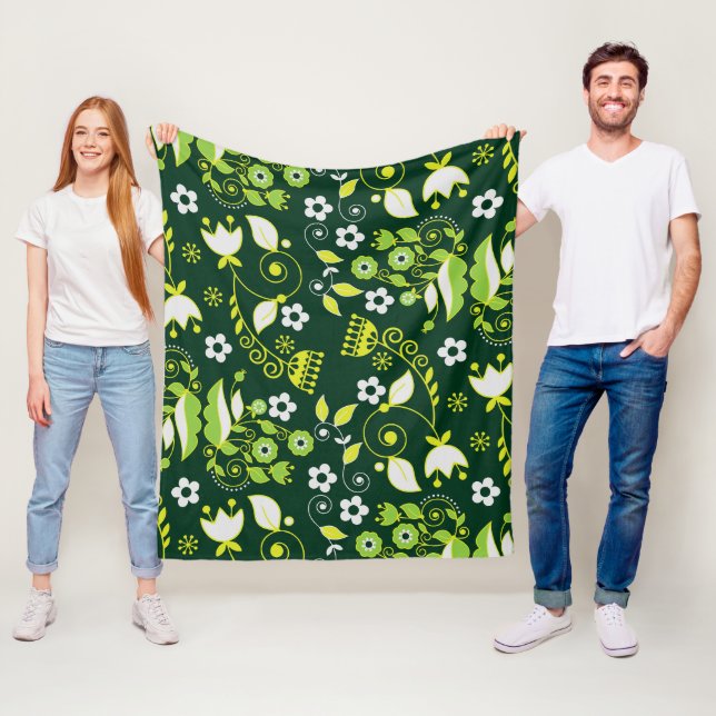 Modernt mörkgrönt skandinaviskt blommönster fleecefilt (På plats)