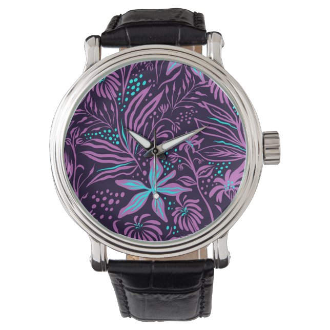 Modernt mörkt lila blommönster armbandsur (Framsida)