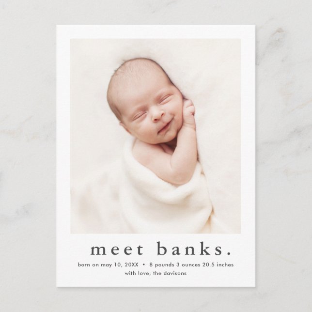 Modernt Namn Baby Foto Födelsekungörelse Vykort (Framsida)
