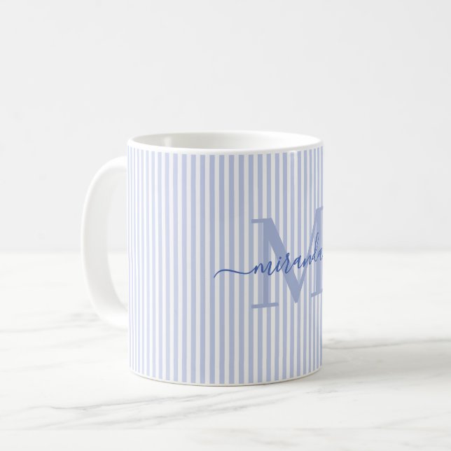 Modernt namn med blå randig monogrammetsyrd text kaffemugg (Framsida vänster)