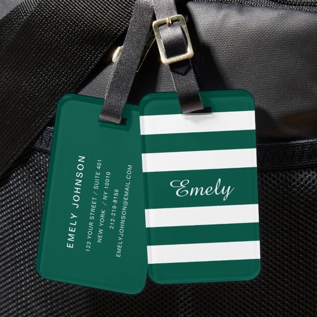Modernt namn med gröna ränder  bagagebricka (Modern Green Stripes Name Luggage Tag)
