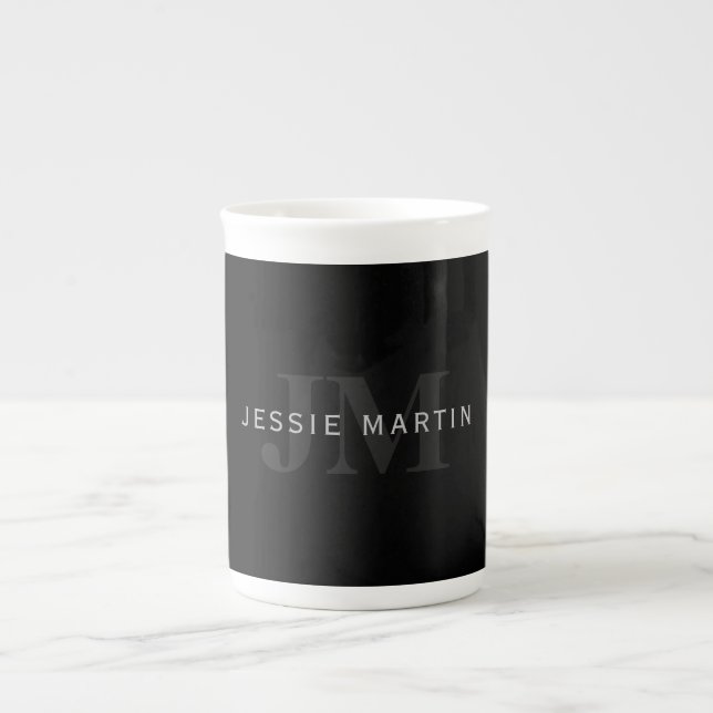 Modernt namn & monogram | Grått & Svart Benporslin Mugg (Framsidan)