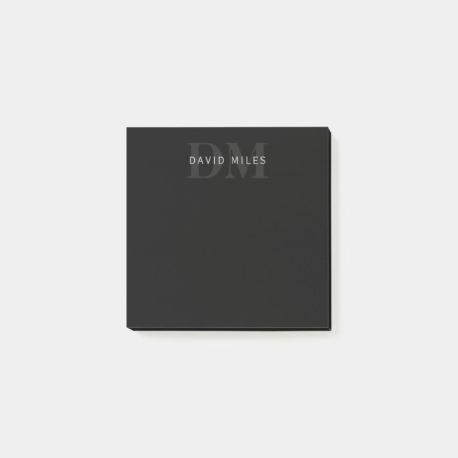 Modernt namn & monogram | Grått & Svart Post-it Block (Framsida)