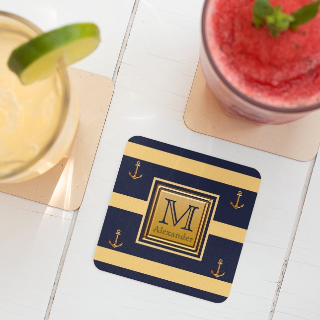 Modernt nautiskt ankare Blått Guld Gult Monogram Underlägg Papper Kvadrat (Skapare uppladdad)