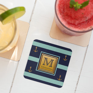 Modernt nautiskt ankare Blått Guld Monogram Underlägg Papper Kvadrat