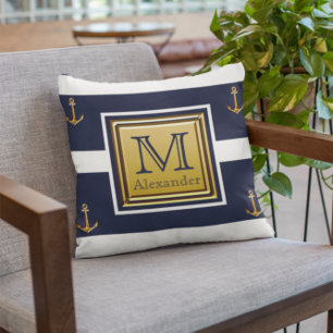 Modernt nautiskt ankare Blått Vitt Guld Monogram Kudde