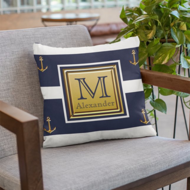 Modernt nautiskt ankare Blått Vitt Guld Monogram Kudde (Skapare uppladdad)