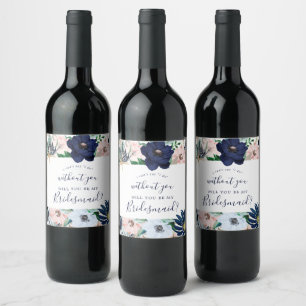 Modernt nautiskt Brudtärnaförslag med blommor Vinflaska Etikett