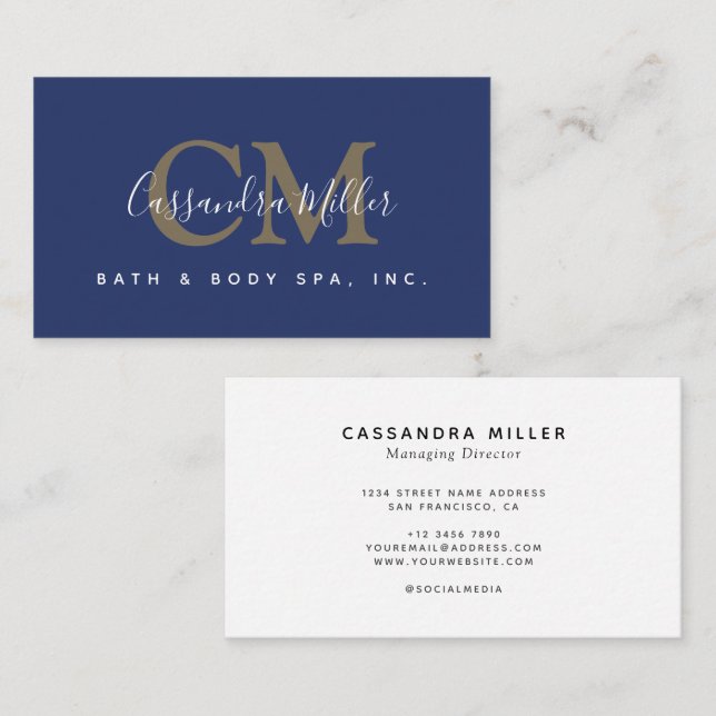 Modernt Navy Blue Monogram Namn Professional Visitkort (Fram/baksida)