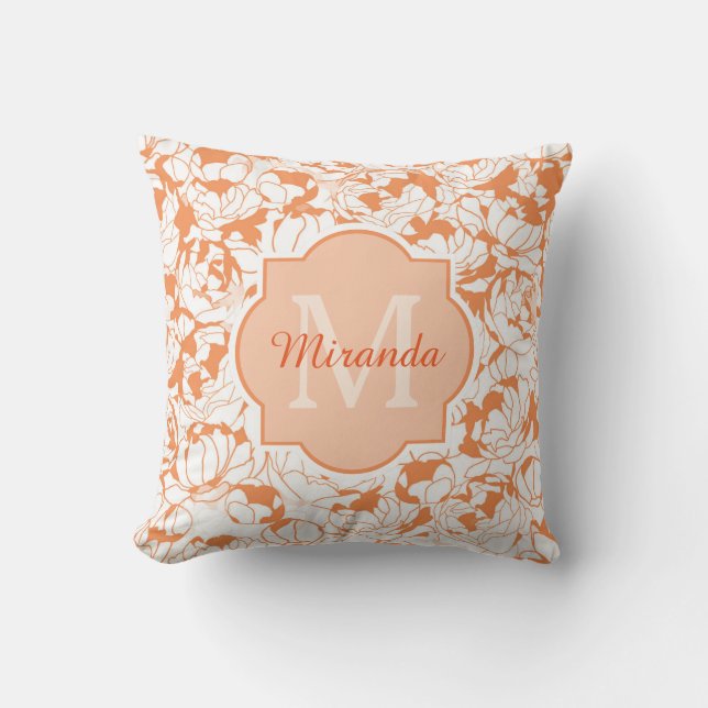 Modernt Orange Blommig Feminint Monogram med Namn Kudde (Framsida)