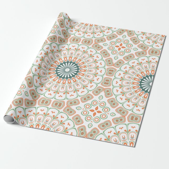 Modernt orange och grönt mandalamönster presentpapper (Utrullad)