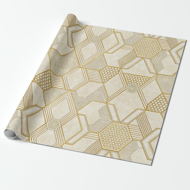 Modernt organiskt hexagonmönster | Kräm och beige  Presentpapper (Utrullad)