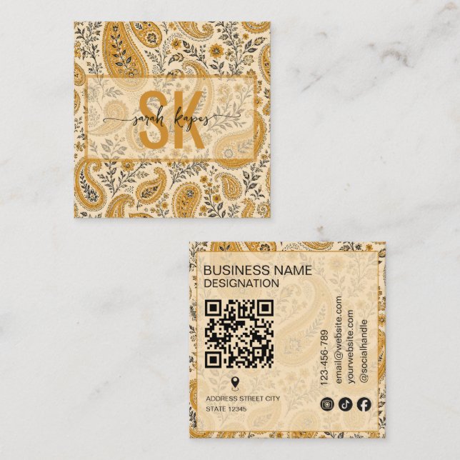 Modernt paisley-mönster monogram Qr-kod Fyrkantigt Visitkort (Fram/baksida)